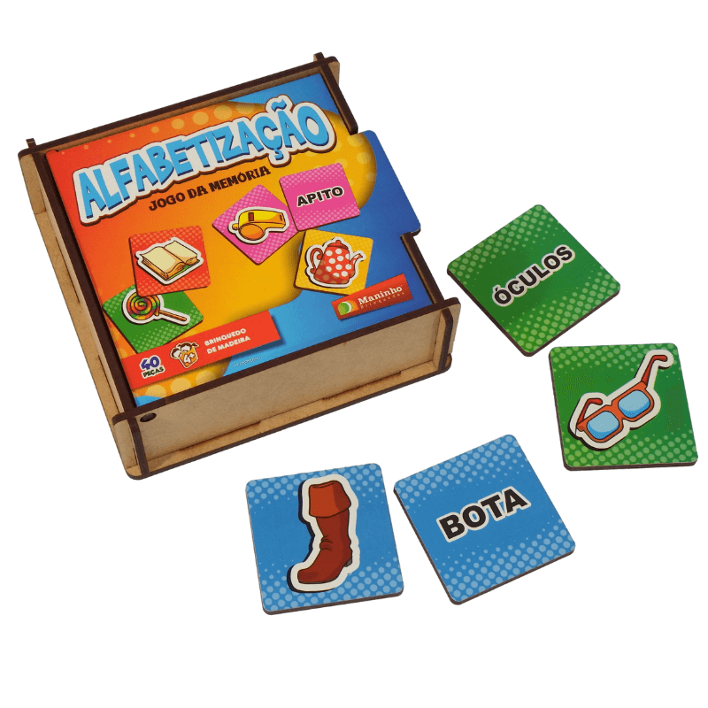 Jogo da Memória — Alfabetização, jogo educativo em MDF da Maninho Brinquedos — foto oficial do fabricante, fundo claro