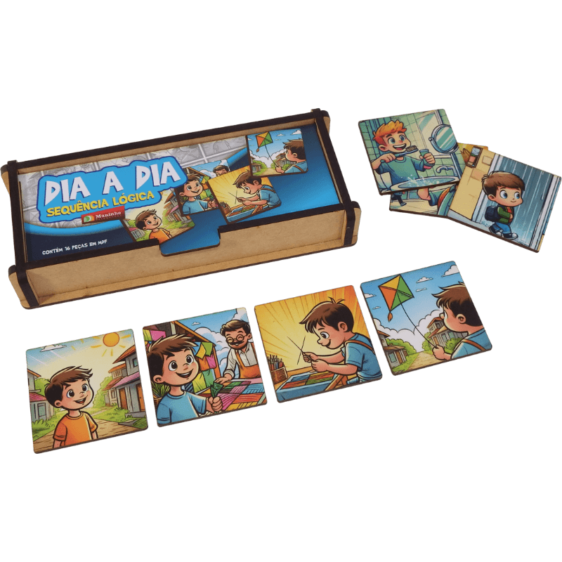 Sequência Lógica — Dia a Dia, jogo educativo em MDF da Maninho Brinquedos — foto oficial do fabricante, fundo claro